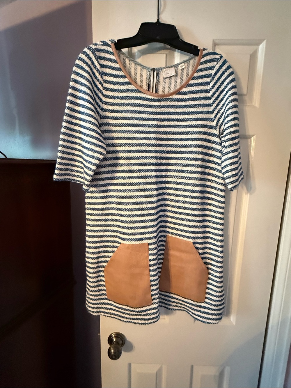 Blue and White Striped Knit Dress-with Tan Faux Leather Pocket Accents